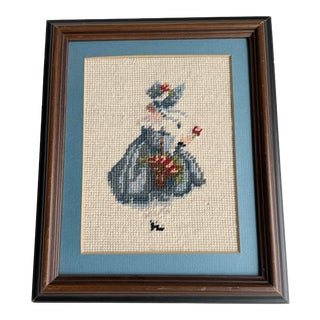 Vintage 1950s Framed Needle Point Flower Girl in Blue For Sale
