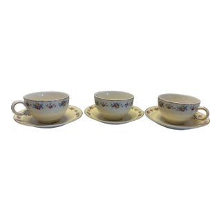 1940s Vintage Crown Potteries Floral Teacups & Saucers Set of 3 For Sale