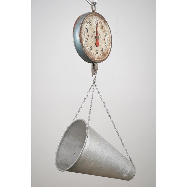 Vintage 1950s poultry scale made of galvanized steel. The scale allows for the suspension and weighing of live poultry for...