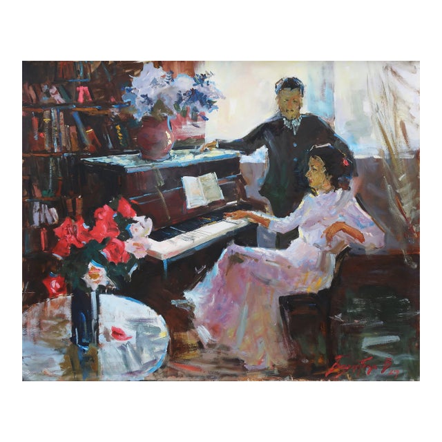 Original Oil Painting: Young Woman at Piano, Ukrainian Art 105-130 For Sale