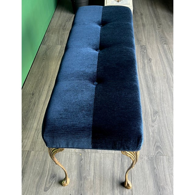Vintage brass and navy blue chenille bench This bench is newly upholstered Dimensions: 48” Length x 16”Depth x 19”Height...