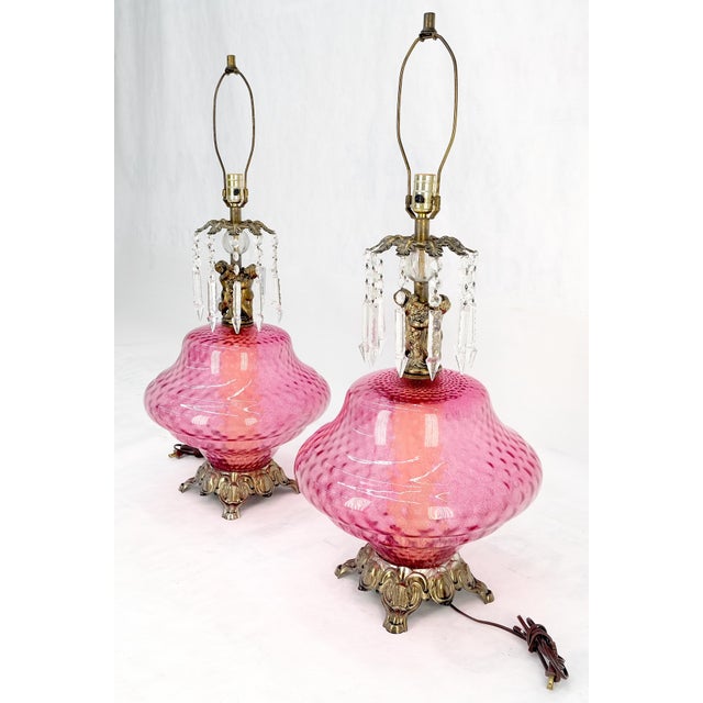 Pair of Large Cranberry Glass Crystal Decorated Table Lamps MINT! For Sale - Image 15 of 15