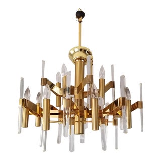 1970s Gaetano Sciolari Crystal & Brass Italian 12 Light Chandelier For Sale
