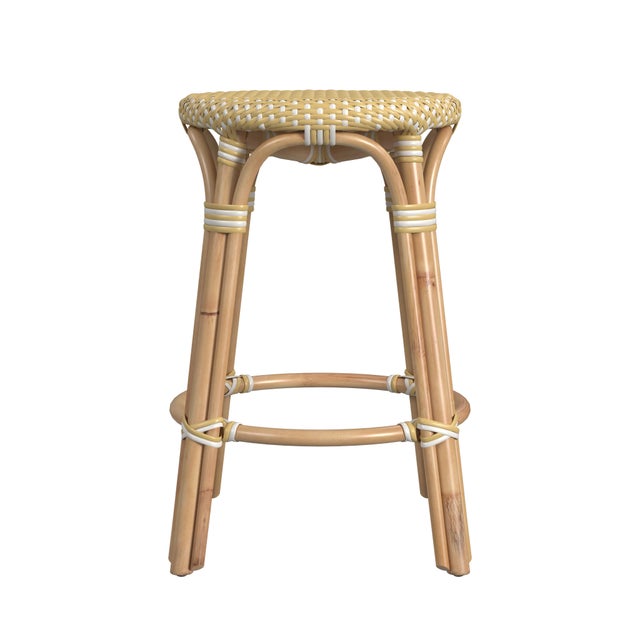 Spritely Home Accent Furniture Tobias 24 in. Seat Height Round Rattan Backless Counter Stool, Yellow/White Dot/ Natural Rattan Frame For Sale - Image 4 of 7