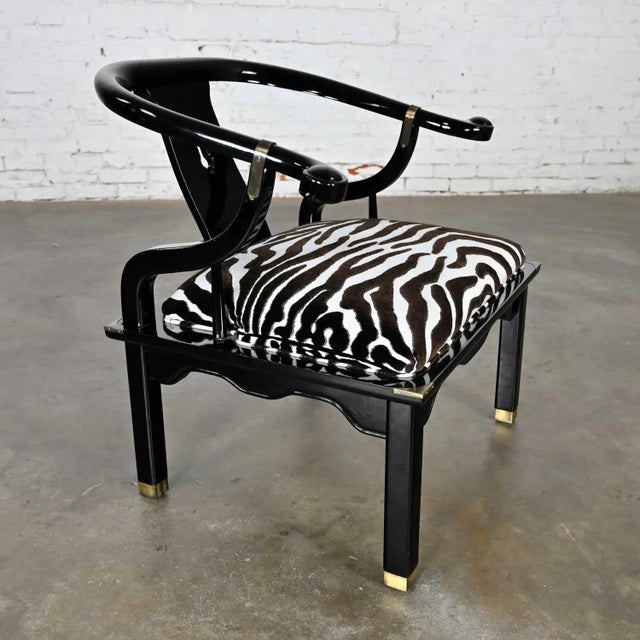 Vintage Ming Style Black Lacquer & Brass Low Chair After James Mont in Scalamandre El Morocco Espresso Fabric For Sale - Image 6 of 13