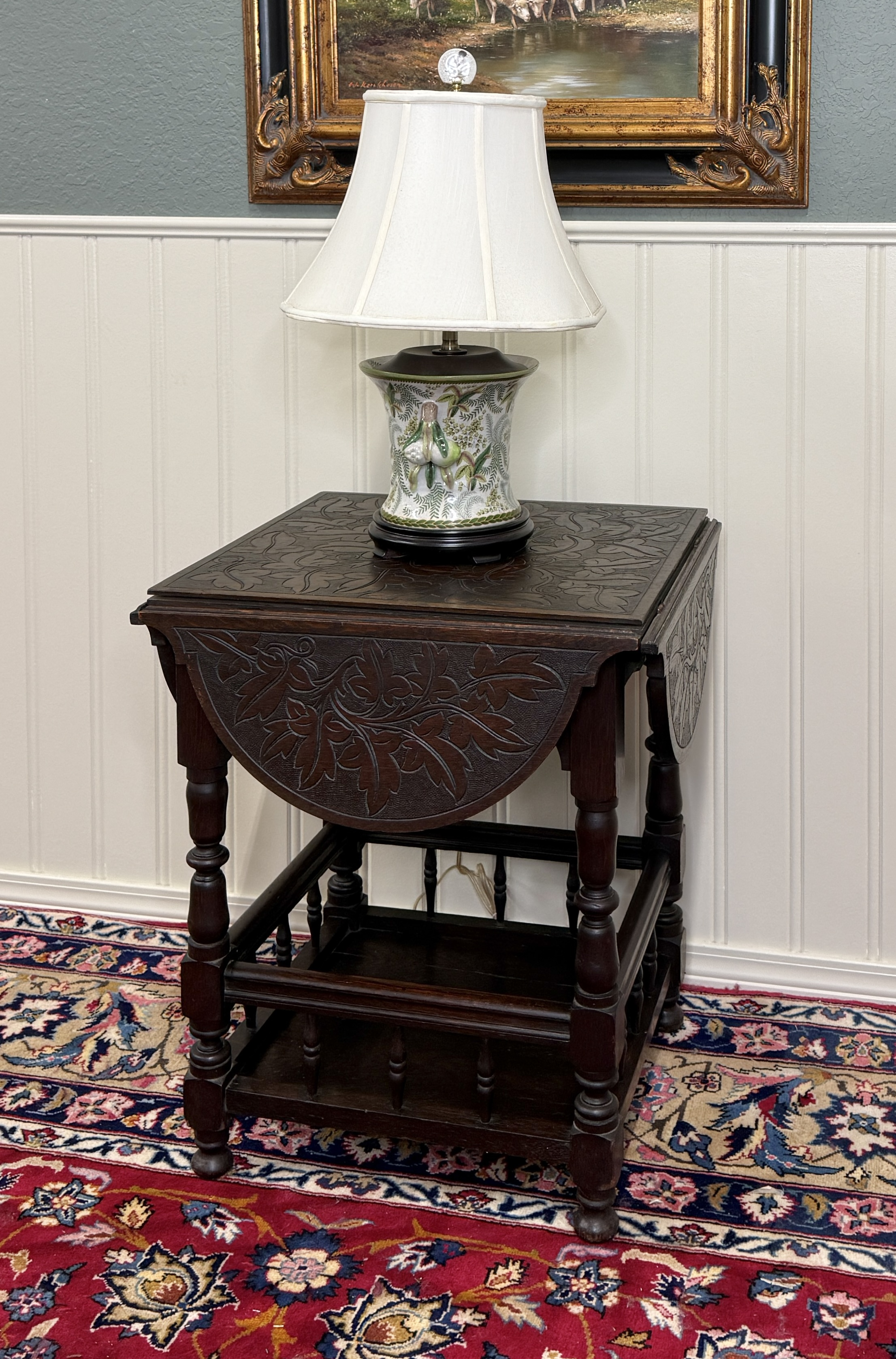 Antique English Cloverleaf Side Table Carved Top Lower Gallery Oak