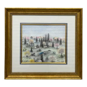 Martha Cahoon (American 1905-1999) "A Fall Fall" Crayon Folk Art Painting C. 1996