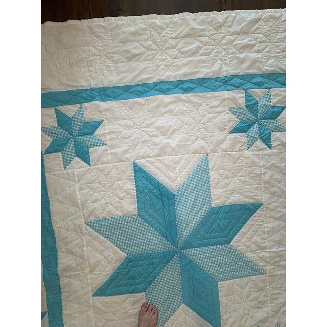 Vintage Handmade Quilted Turquoise and White Lone Star Quilt For Sale - Image 13 of 15