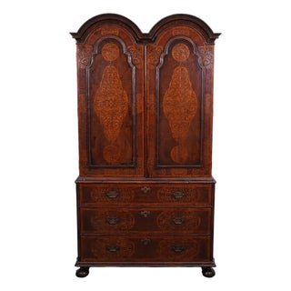 1800 Dutch Marquetry Dome Top Linen Press on Bun Feet For Sale