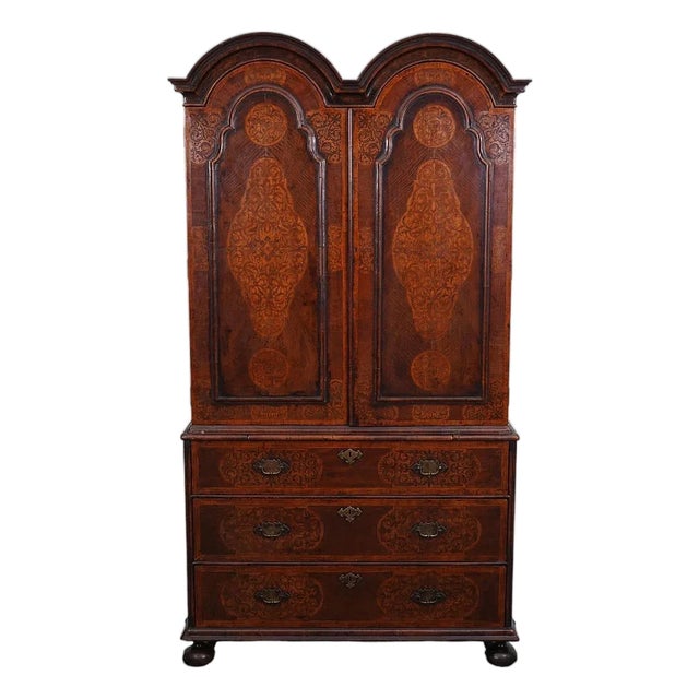 1800 Dutch Marquetry Dome Top Linen Press on Bun Feet For Sale