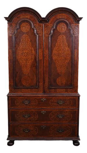 1800 Dutch Marquetry Dome Top Linen Press on Bun Feet