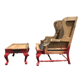 19th C. Walnut Wingback Armchair & Ottoman Frame - A Pair For Sale