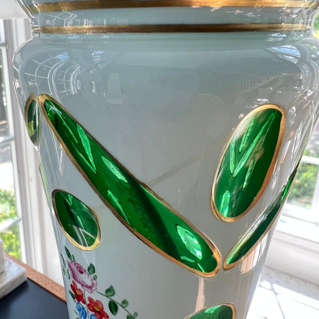 1920s 1920s GORGEOUS emerald green Bohemian glass accent lamp // White opaline cut to clear // hand-painted flower garlands // cased glass // cameo For Sale - Image 5 of 10