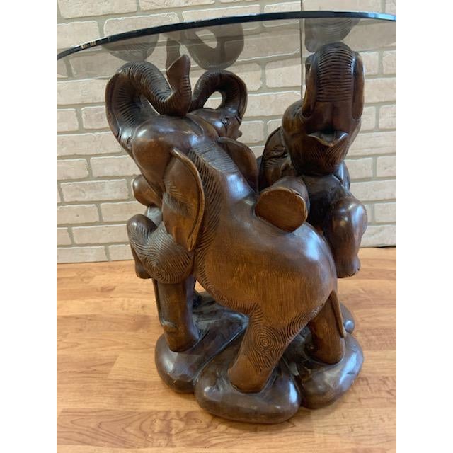 Carved Elephant Trio Base With Round Glass Top Side Table Chairish