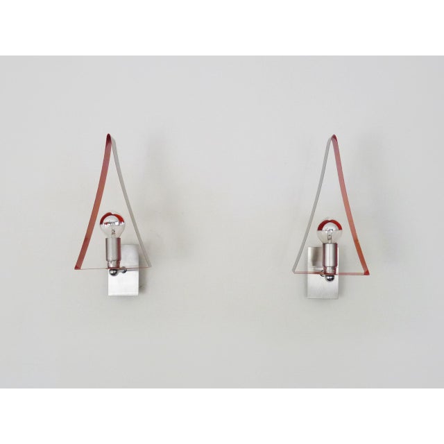 Triangular Wall Sconces in Chrome and Orange Metal, 1970s, Set of 2 For Sale - Image 3 of 9