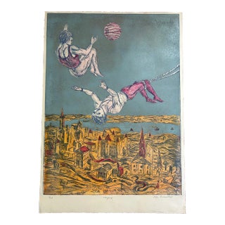 Vintage Original Colored Etching of Two Men on Trapeze For Sale