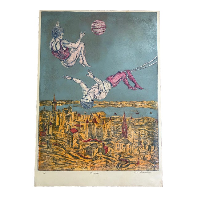 Vintage Original Colored Etching of Two Men on Trapeze For Sale
