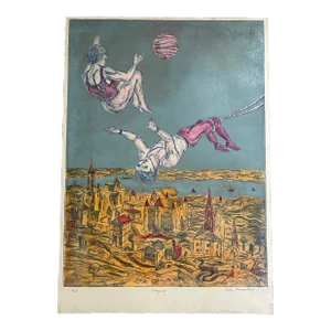 Vintage Original Colored Etching of Two Men on Trapeze