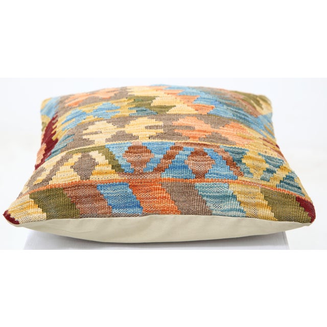 Tribal Arteverk Handwoven Afghan Kilim Pillow — Blue & Orange Geometric Patchwork For Sale - Image 3 of 3