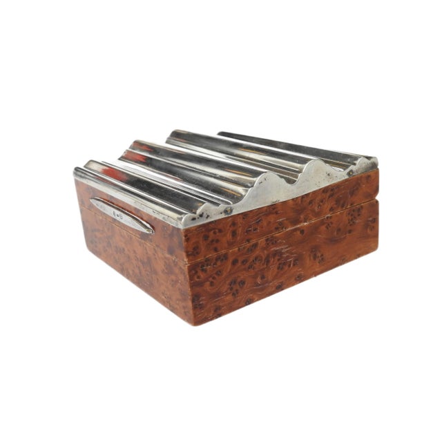 Antique Art Deco Italian 800 Silver & Burl Wood Cigarette Box With Wavy Lid For Sale - Image 9 of 9