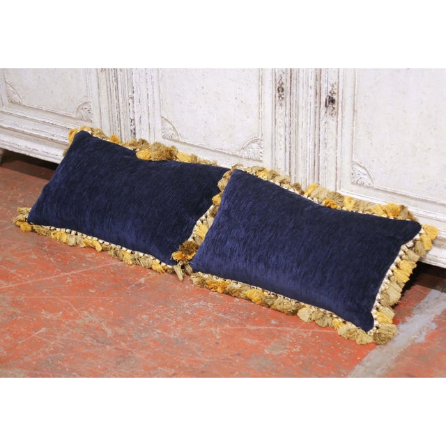 Blue Pair of 18th Century French Aubusson Tapestry and Velvet Bolster Pillows For Sale - Image 8 of 8