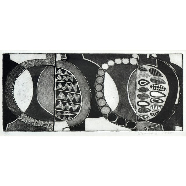An early abstract work, rich in visual texture and patterns with abstract leaves by Japanese print maker Kazuko. Etching...