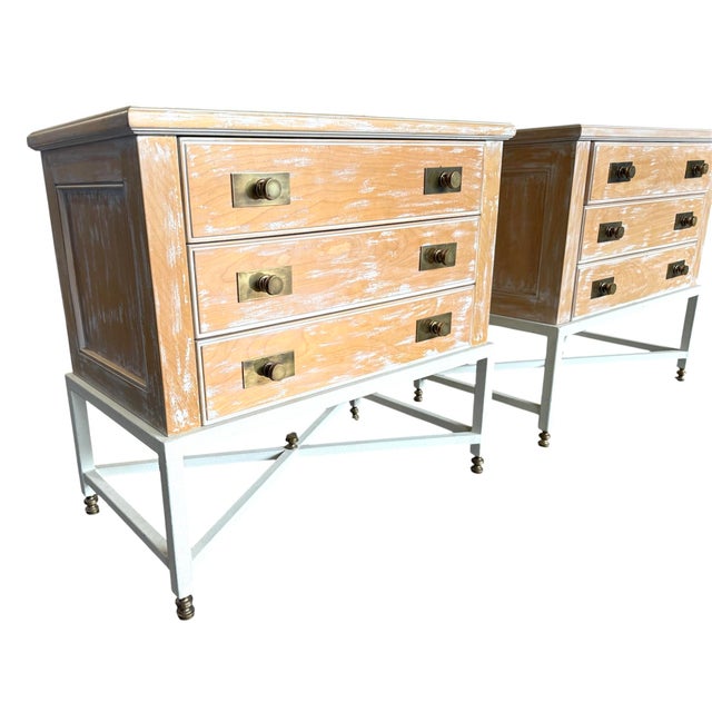 Mid 20th Century Pair French Cerused Oak and Brass Nightstands Metal Bases For Sale - Image 5 of 12