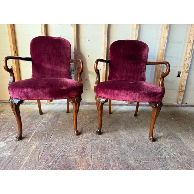 Pair of Vintage George II Queen Anne style Shepherds Crook Library open armchairs by W & J Sloane American made, luxury...