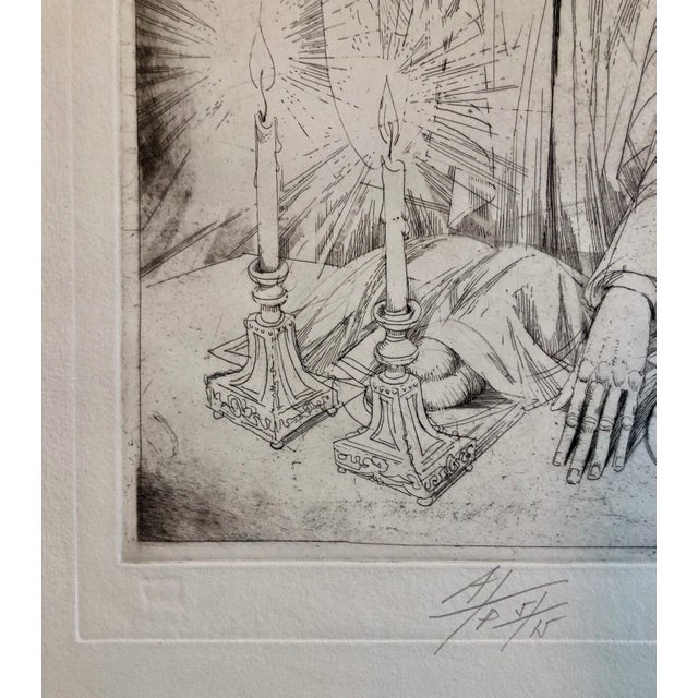 1990s Janos Kass, Hungarian Modernist Judaica Etching Print Kiddush, Jewish Rabbi at Shabbat Feast, 1992 For Sale - Image 5 of 11