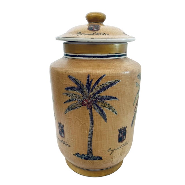 Asian Vintage Raymond Waites Tan Ginger Jar With Palms and Crest For Sale - Image 3 of 9