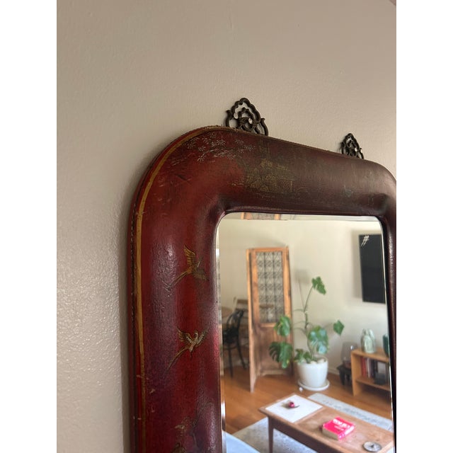 1950s Hand Painted Leather Over Wood Chinoiserie Mirror For Sale - Image 4 of 7