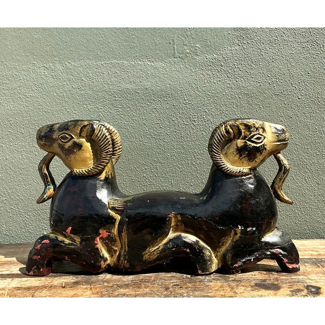 Wood Vintage Egyptian Gilt Tipped Rams Head Sculpture For Sale - Image 7 of 12