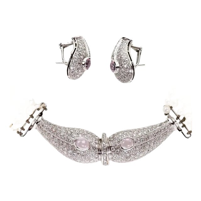 Estate 9.50ct Diamond Gem 14k Gold Pearl Necklace & Earring Set, 3 Pieces For Sale