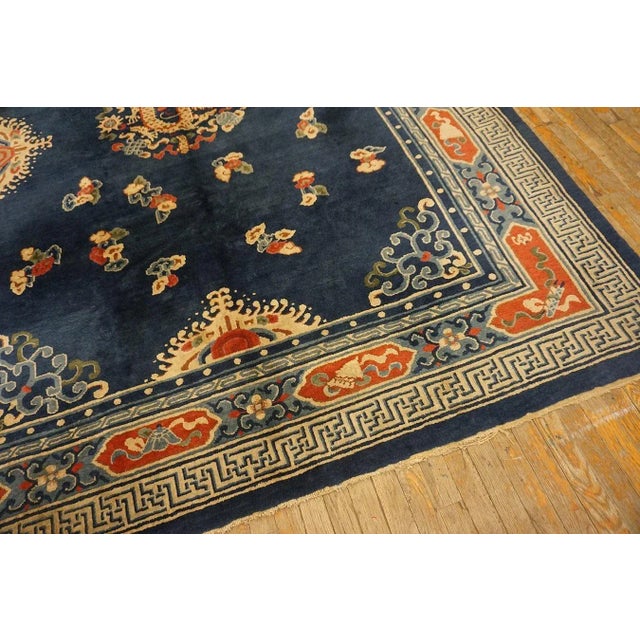 Blue Extraordinary Navy Blue Color With a Dragon and Chinoiserie Design Antique Chinese Peking Rug For Sale - Image 8 of 12