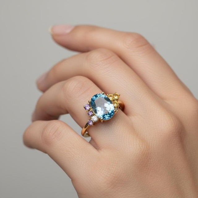 Blue Blue Topaz Multicolor Ring in 14k Gold, Size 7.5 For Sale - Image 8 of 10