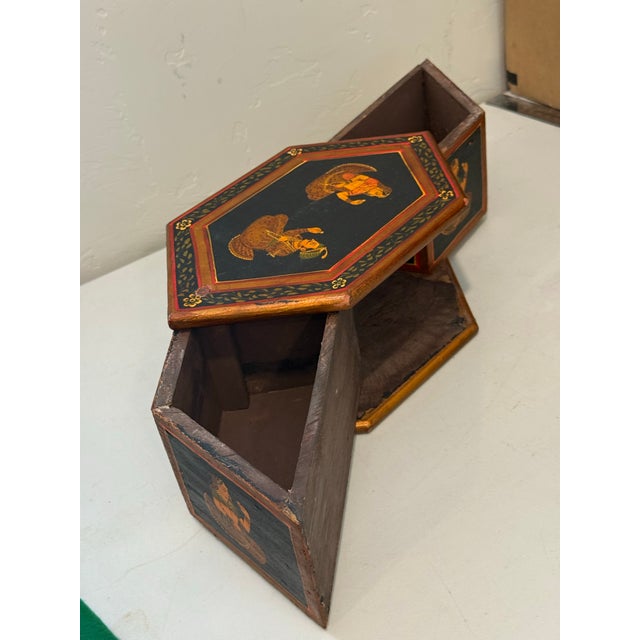 Vintage Hexagonal Hand Painted Wooden Indian Box Hidden Compartments For Sale - Image 9 of 12