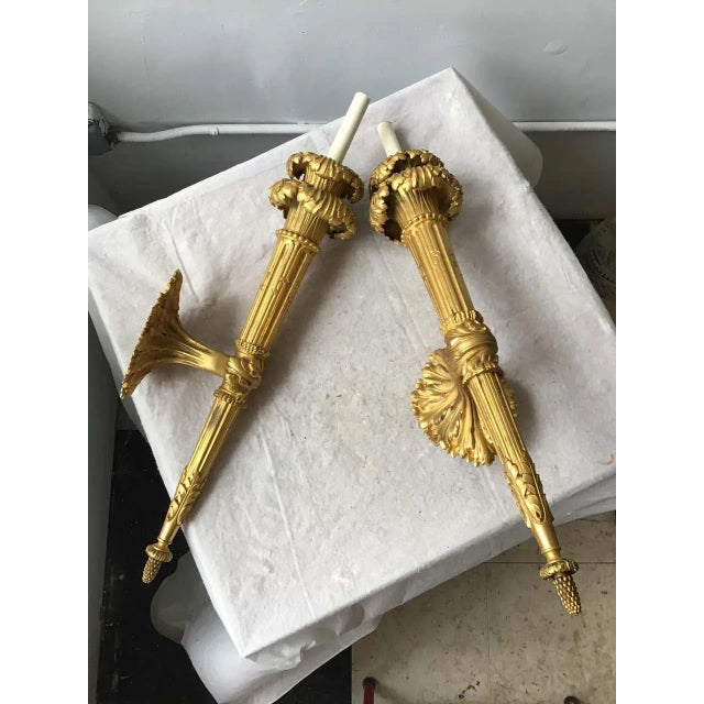 1860s Large French Gilt Bronze Torch Sconces For Sale - Image 12 of 13