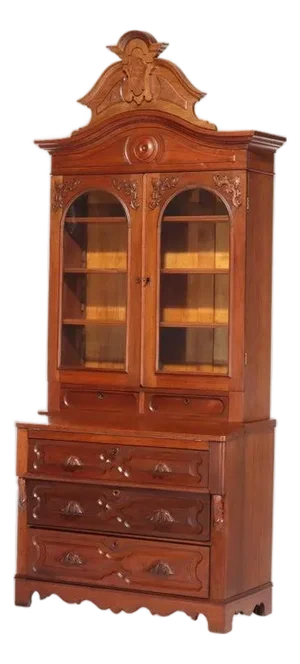 Antique Renaissance Revival Victorian Carved Walnut & Burl Secretary C1890