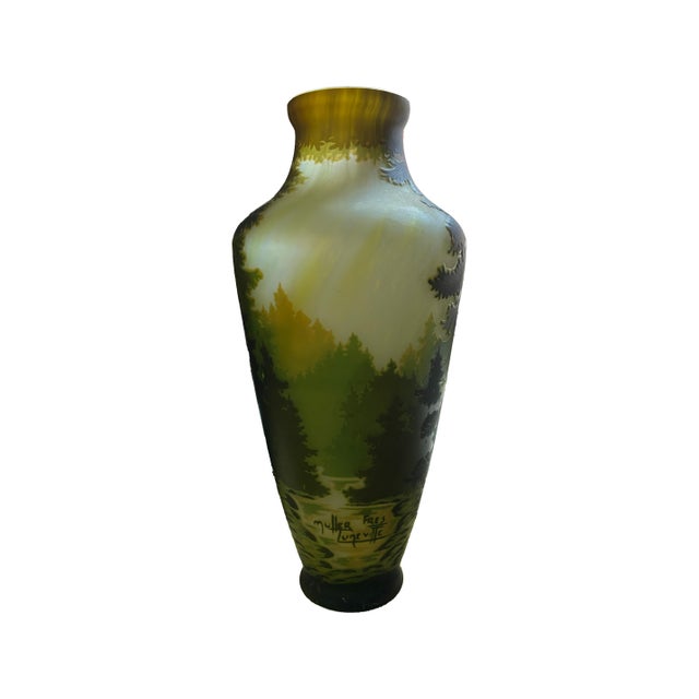 This is an authentic early 20th-century French cameo glass vase, featuring a multi-layered acid-etched design. The scene...