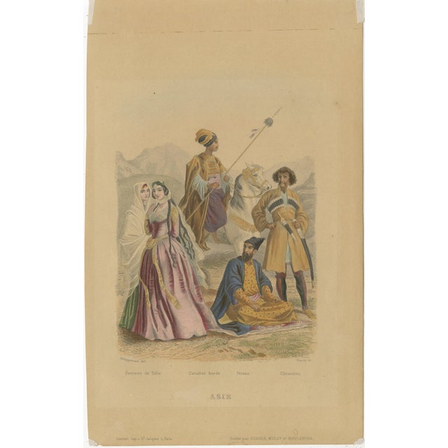 Antique Hand-Colored Costume Print of Asia with Persian, Kurdish and Circassian Figures c1860 A richly detailed and...
