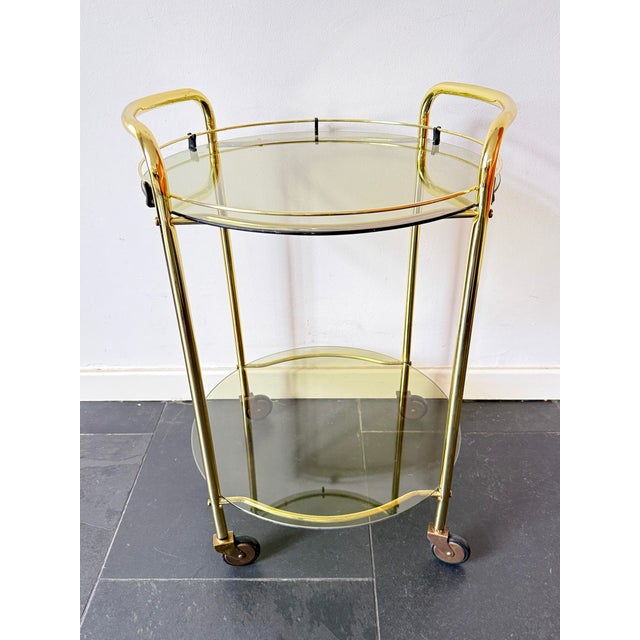 Vintage Brass Serving Bar Cart with Smoked Glass Shelves, 1970s For Sale - Image 6 of 14