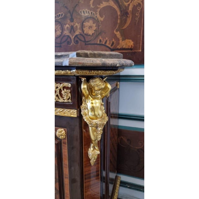 French Vintage Marquetry French Cabinet with Ormolu Mounts Marble top For Sale - Image 3 of 10