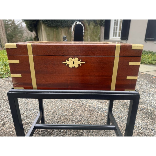 Brown Antique English Campaign Travel Lap Desk on Custom Stand For Sale - Image 8 of 11