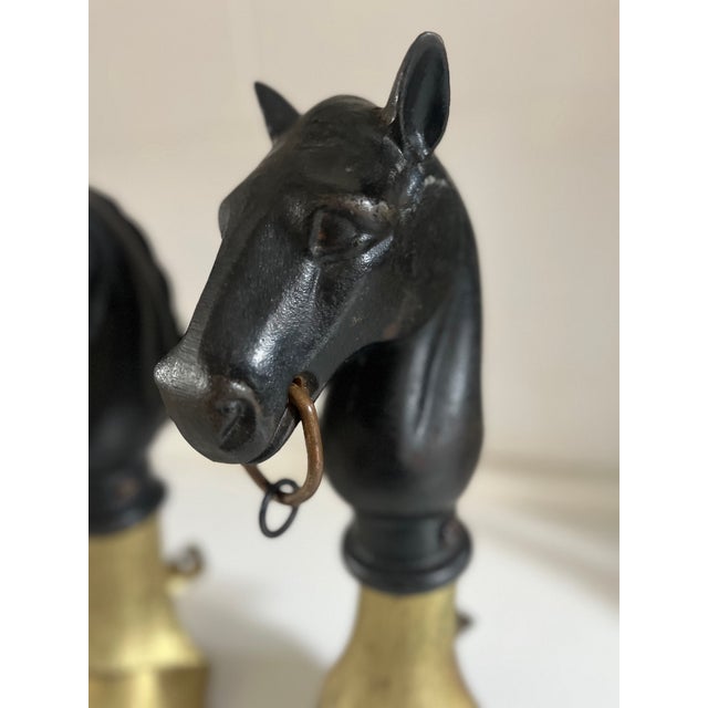 Early 21st Century Pair of Vintage English Equestrian Horse Heads and Brass Hoof Andirons For Sale - Image 5 of 9