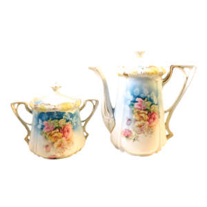 1920s Blue Floral Reinhold Schlegelmilch Sugar Bowl and Creamer