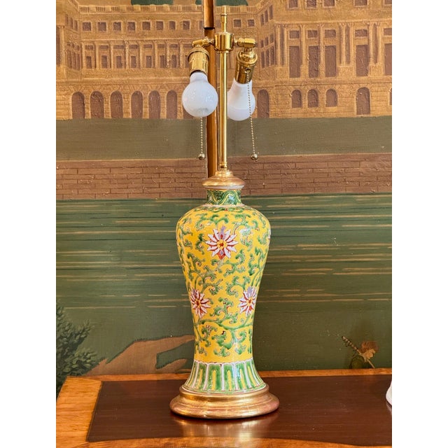 Yellow 18th Century Chinese Hand Painted Ceramic Vase Lamp With Water Gilt Base For Sale - Image 8 of 9