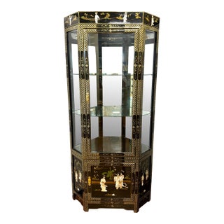 Chinese Black Lacquer and Mother-of-Pearl Hand Painted Corner Cabinet For Sale