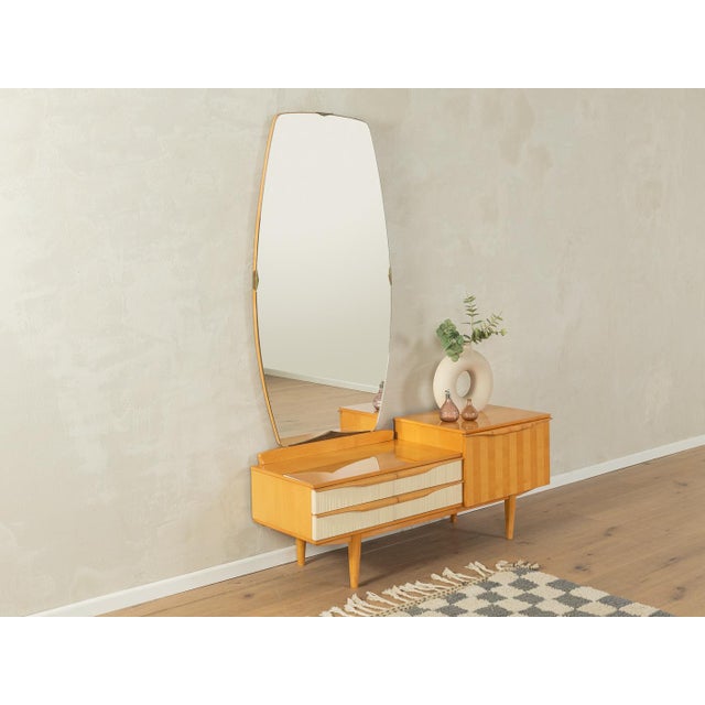 Charming vanity from the 1960s. High-quality birch veneer cabinet with a large mirror, four drawers, a drop-down...