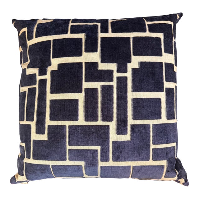 Dark Navy Blue and White Geometric Pillow With New Insert For Sale
