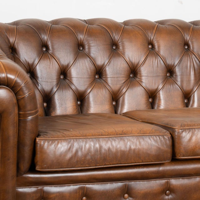 20th Century Brown Leather Chesterfield Sofa and Two Club Chairs From Denmark (Set of 3) For Sale - Image 6 of 14